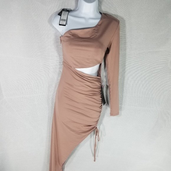 bebe Dresses & Skirts - Bebe Warm Taupe Dress One Shoulder Sleeve Ruched Cocktail - XXS XS XL - NWT $149
